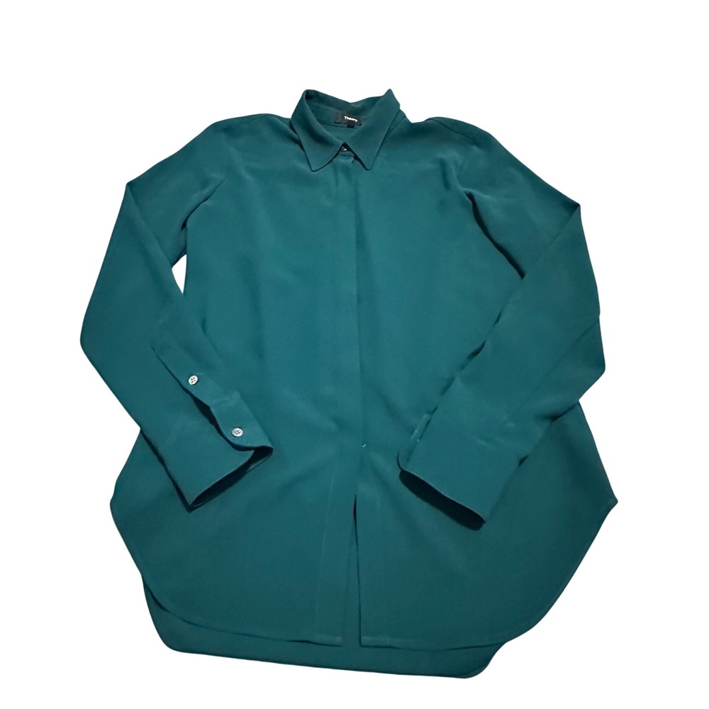 Theory Sunaya HP Urban Crepe Teal Long Sleeve High-Low Blouse Top S Green